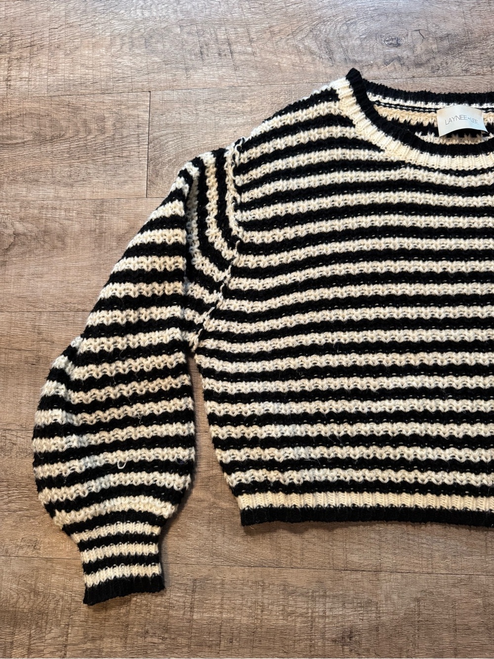 Cropped Black & Cream Striped Crewneck Sweater - Picture 3 of 5